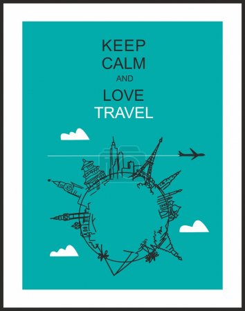 Travel and tourism background . Drawn hands world attractions and slogan 