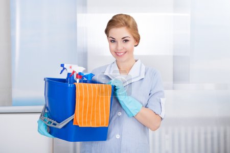 Young Maid Holding Cleaning Supplies