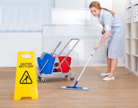 Happy Maid Cleaning Floor With Mop