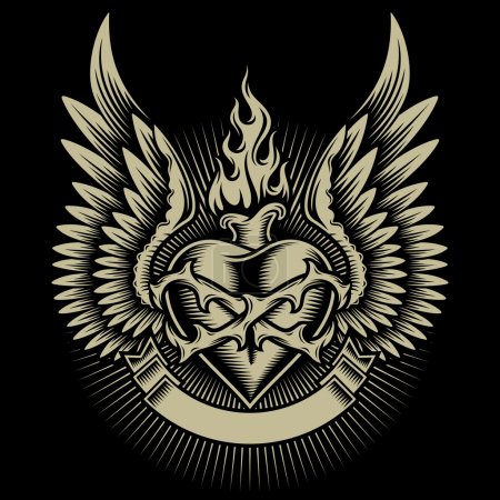 Winged Burning Heart With Thorns and Ribbon