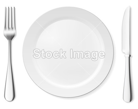 Dinner plate, knife and fork. Vector objects collection.