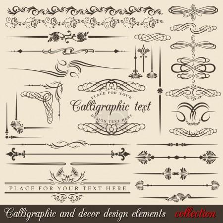 Calligraphic and decor design elements. Vector design corners, bars, swirls, frames and borders. Hand written retro feather symbols.