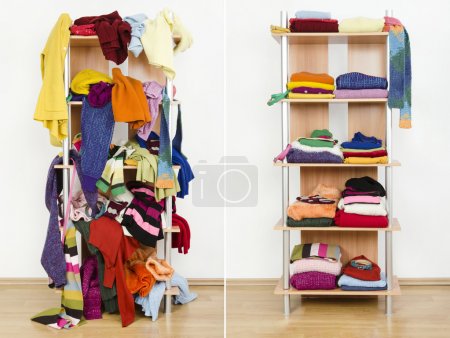 Before untidy and after tidy wardrobe with colorful winter clothes and accessories.