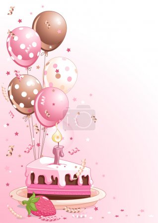 Clipart pink lustration of a Slice Of Birthday Cake With Balloons And Confetti
