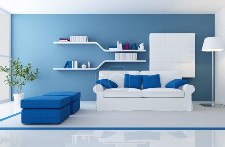 White couch in a blue modern living room - rendering