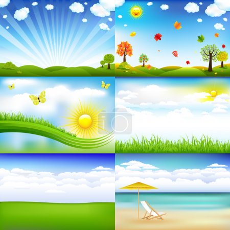 6 Beautiful Landscape With Trees And Clouds, Vector Illustration