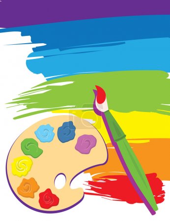 Paintbrush, palette on rainbow color painted canvas. Vector illustration. Brush, palette and painted canvas are layered.