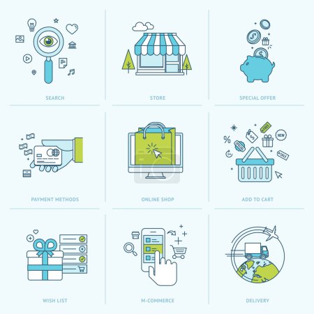 Set of flat line icons for online shopping