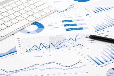 blue graph and chart reports on office table