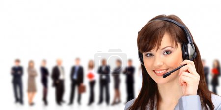 Call center operator with headset and business team