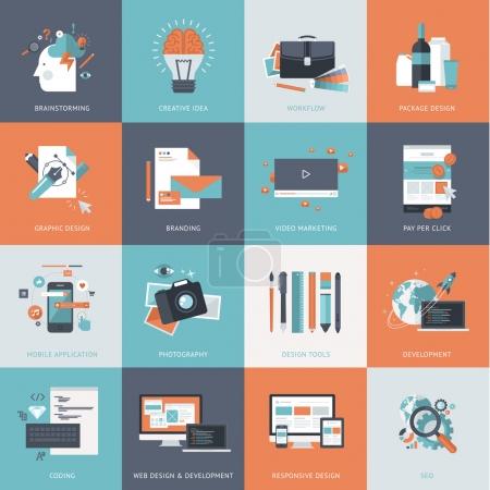 Set of flat design concept icons for website development, graphic design, branding, seo, web and mobile apps development, marketing and e-commerce
