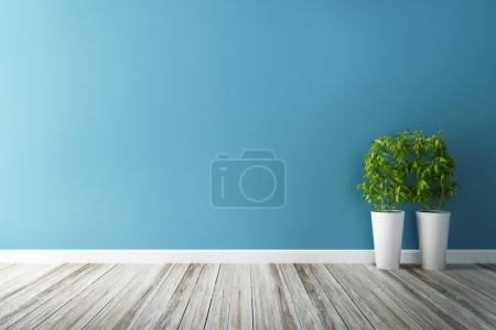 white flower plot and blue wall interior