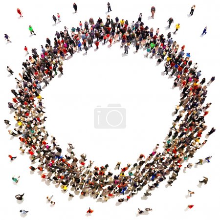 Large crowd of people moving toward the center forming a circle with room for text or copy space advertisement on a white background.