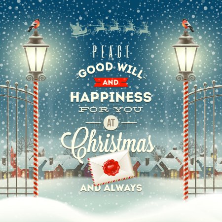 Christmas greeting type design with vintage street lantern against a evening rural winter landscape - holidays vector illustration