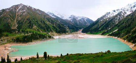 Big Almaty Lake panorama, Tien Shan Mountains in Almaty, Kazakhs