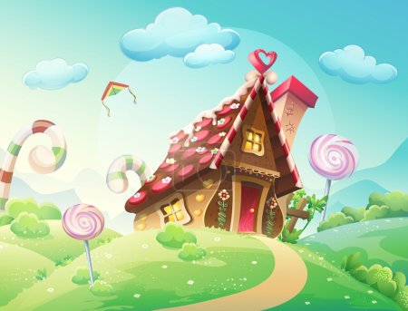 Illustration of sweet house of cookies and candy on a background of meadows and growing caramels.