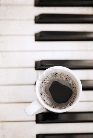Artwork  in painting  style,  cup of coffee, piano