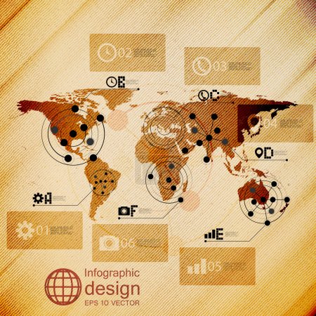 World map, infographic design illustration, wooden background vector