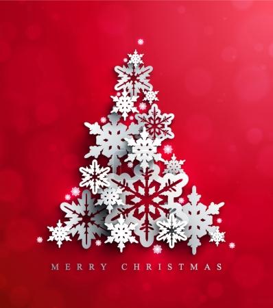 Christmas and New Years Card with Christmas Tree made of decorative cutout snowflakes on the bright red background.