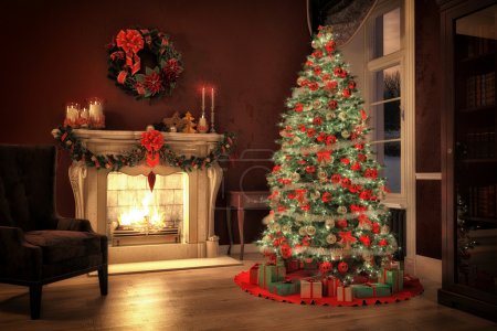 Christmas scene with gifts and fire in background. 3D rendering