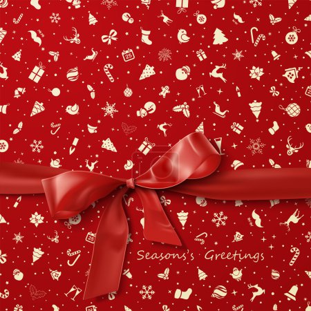 Red Bow over red Christmas wrapping paper icons seamless pattern