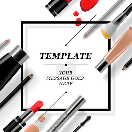Makeup template with collection of make up cosmetics and accessories, vector illustration.