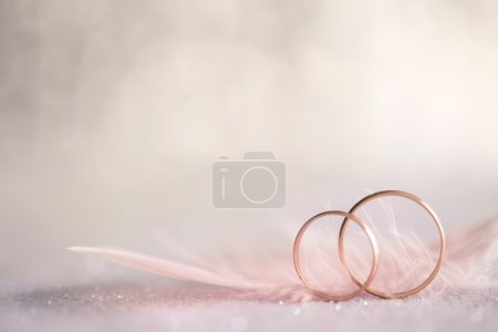 Two Golden Wedding Rings and  Feather - gentle background 