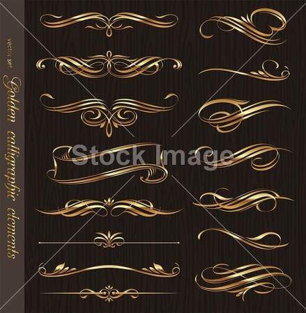 Golden calligraphic vector design elements on a black wood texture