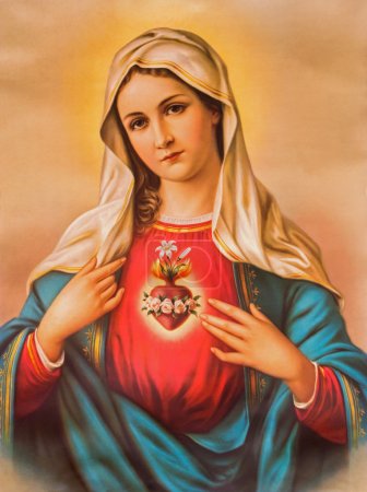 SEBECHLEBY, SLOVAKIA - JANUARY 6, 2015: The Heart of Virgin Mary. Typical catholic image printed in Germany from the end of 19. cent. originally by unknown painter.