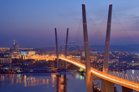 Night view for the bridge across the Golden horn bay in Vladivostok