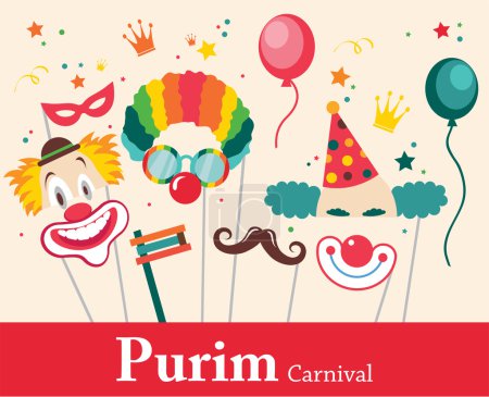 design for Jewish holiday Purim with masks and traditional props. Vector illustration