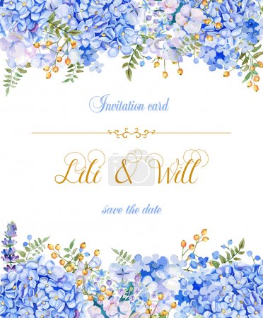 Invitation card. Vector blue watercolor flowers.