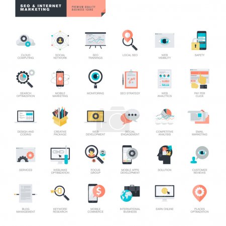 Set of modern flat design SEO and internet marketing icons for graphic and web designers