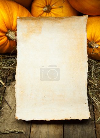 Art orange pumpkins and paper sheet on wooden background