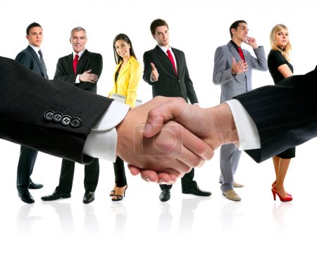 Business handshake and company team