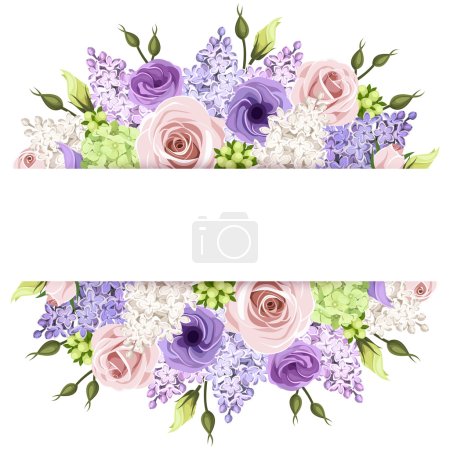 Background with pink, purple and white roses and lilac flowers. Vector eps-10.