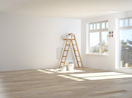 Painting walls in room with ladder during renovation. 3d rendering