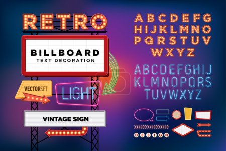 Vector set Retro neon sign, vintage billboard, bright signboard, light banner