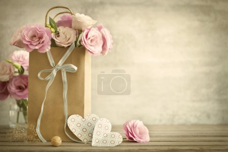 Wedding  background with roses flowers and Hearts - vintage styl
