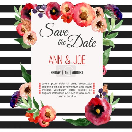 Vector watercolor template save the date with floral frame, leaves. Artistic vector design for banners, greeting cards,sales, posters.