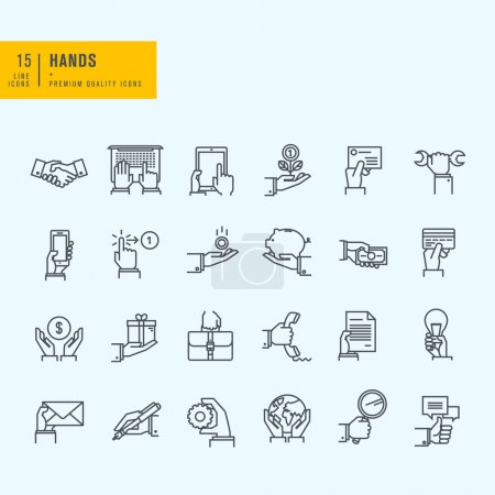 Thin line icons set. Icons of hand using devices, using money, in business situations, communication.