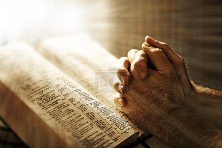 Mans hands praying on Bible