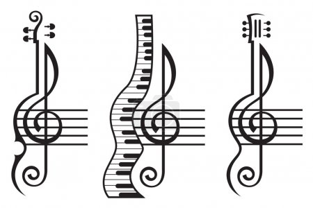 violin, guitar, piano and treble clef