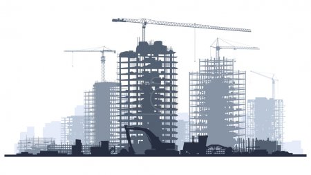Line illustration of construction site with crane and building.