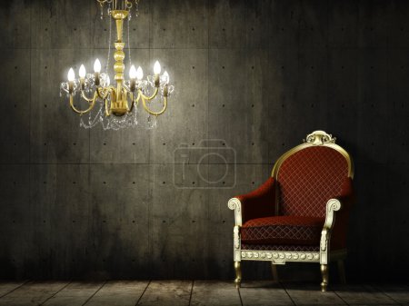 Interior grunge room with classic armchair