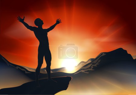 Man on mountaintop with arms out