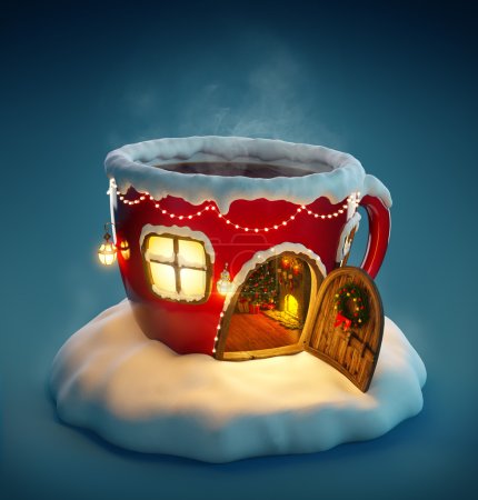 Amazing fairy house decorated at christmas in shape of tea cup with opened door and fireplace inside. Unusual christmas illustration.