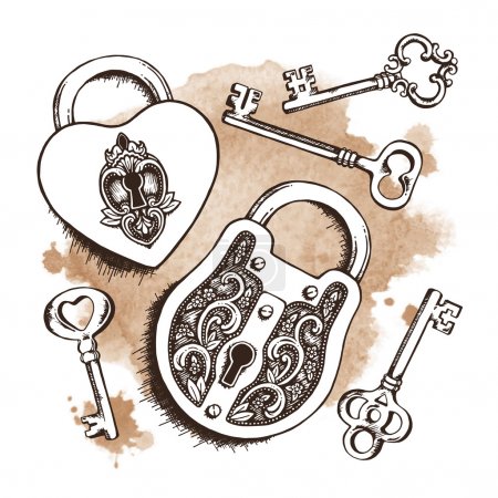 Keys and locks over watercolor background. Isolated Vector illustration.