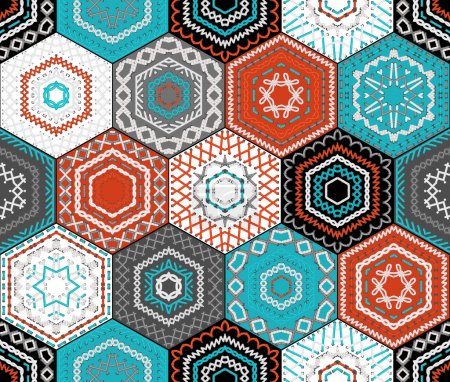 Coloured embroidered hexagons background. 