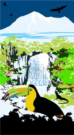 Tucanucu parrot on the waterfall and jungle background